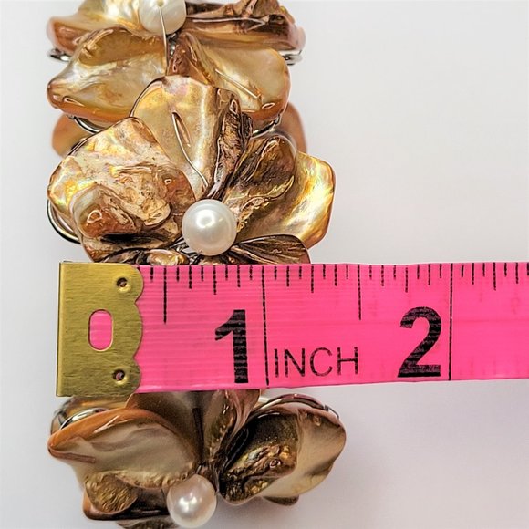 Orange Adjustable Cuff Bracelet with with Dyed Shell Petals & Pearls Bangle - Picture 14 of 15